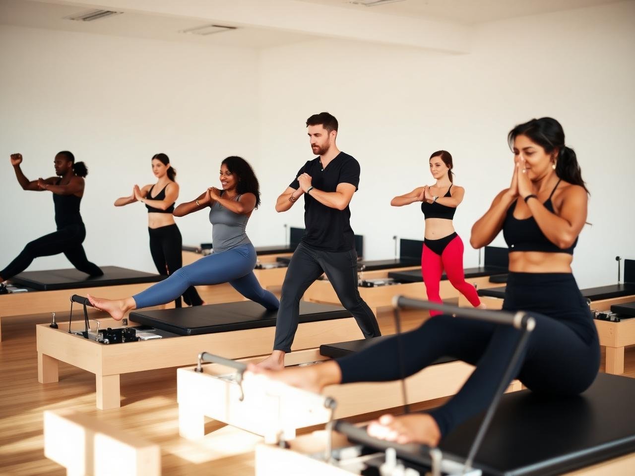 Diverse group in a pilates reformer class